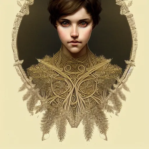 Image similar to symmetry portrait of welsh brunette student in mans tunic, tomboy, short hair, intricate forest background, intricate, elegant, highly detailed, digital painting, artstation, concept art, smooth, sharp focus, illustration, art by artgerm and greg rutkowski and fra angelico and alphons mucha