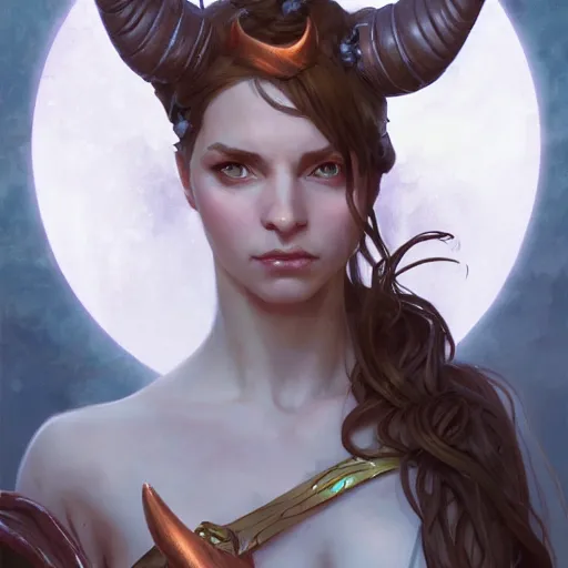 Prompt: cute Whimsical Tiefling Druid with cute horns , light-brown skin, D&D, fantasy, portrait, highly detailed, digital painting, artstation, concept art, sharp focus, illustration, art by greg rutkowski and alphonse mucha