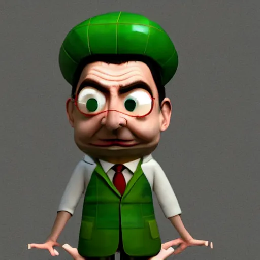 Image similar to mr. bean depicted as a mad scientist, wearing a lab coat, mixing green acids, digital art, trending on artstation and unreal engine