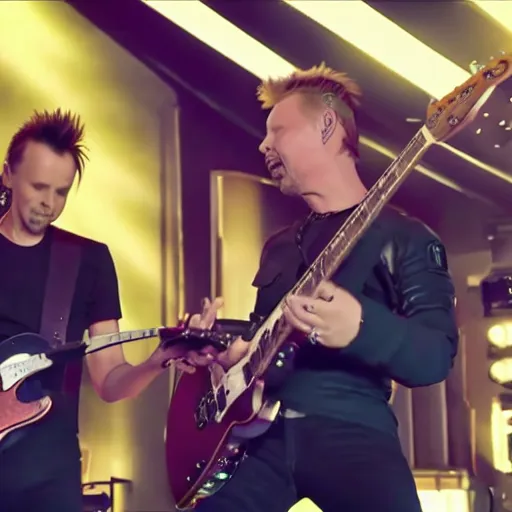 Prompt: matt bellamy and james hetfield playing guitar together, 2 0 2 2 official music video, shot on sony a 7 iii, postprocessing