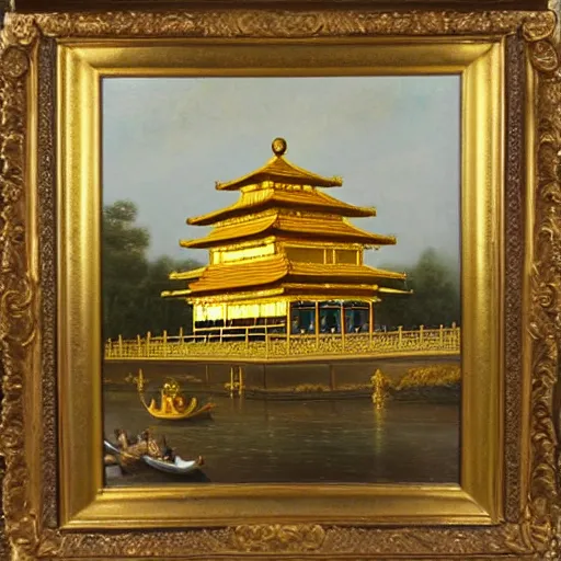 Image similar to dutch master style oil painting of the golden pavilion, high art