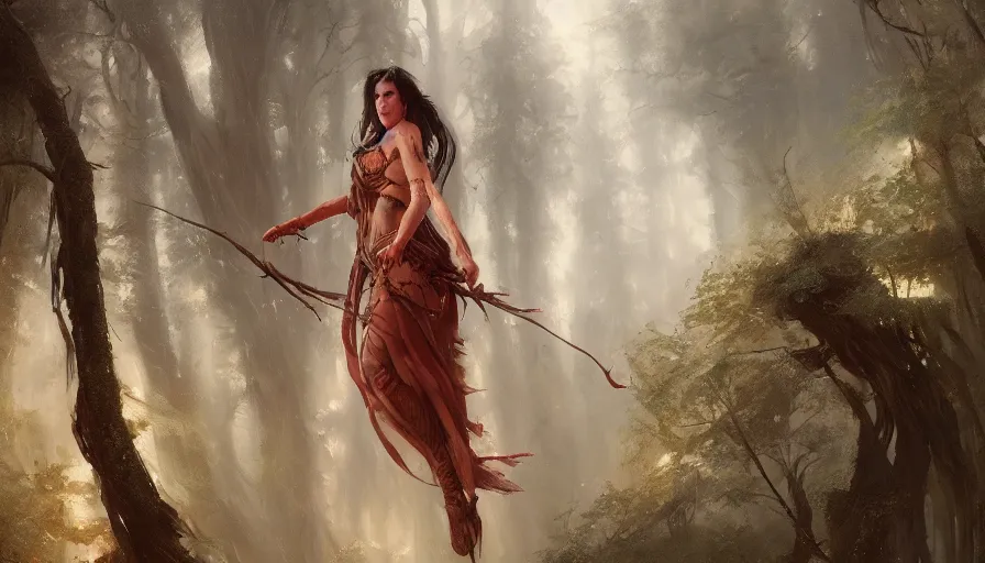 Prompt: A beautiful detailed painting of jennifer connelly as a female angel warrior reigns on a magical forest by greg rutkowski and marc simonetti , Trending on artstation HD.