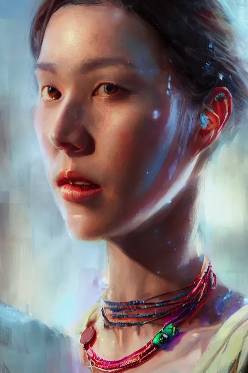 Image similar to A portrait of a women wearing colourful jewelry by Greg Rutkowski, Sung Choi, Mitchell Mohrhauser, Maciej Kuciara, Johnson Ting, Maxim Verehin, Peter Konig, Resident evil , 8k photorealistic, cinematic lighting, HD, high details, dramatic, atmospheric , trending on artstation