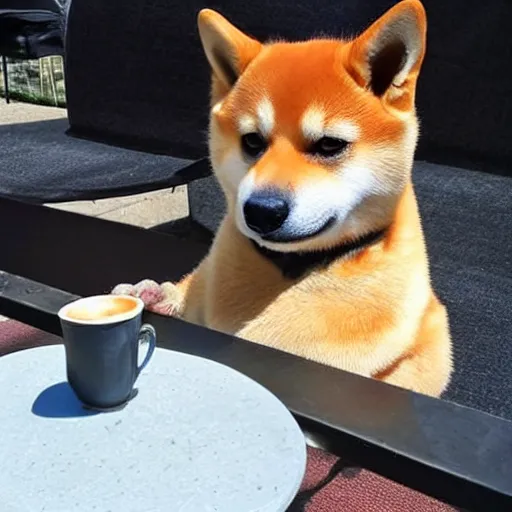 Prompt: a Shiba inu drinking coffee like a gentleman, realistic