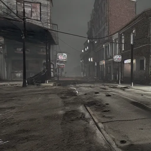 Image similar to mayberry rfd, main street with Andy Griffith, in silent hill style horror zombies death unreal engine