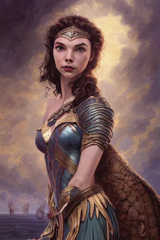 Image similar to A fantasy comic book style portrait painting of Gal Gadot, Anya Taylor-Joy, as an Atlantean Reptilian Warrior, François Boucher, Oil Painting, Mystical Valkyrie, unreal 5, DAZ, hyperrealistic, octane render, Regal, Refined, Detailed Digital Art, RPG portrait, William-Adolphe Bouguereau, Michael Cheval, Walt Disney (1937), Steampunk, dynamic lighting, Highly Detailed, Cinematic Lighting, Unreal Engine, 8k, HD