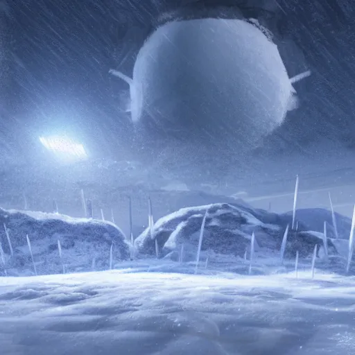 Prompt: concept art of a snow covered planet, snowstorm, ice, ice spikes, planet, space, concept art