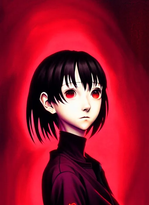 Prompt: a beautiful portrait painting with a dark red background of lain from serial experiments : lain. character design by shinji aramaki, charlie bowater, ross tran, artgerm, and makoto shinkai