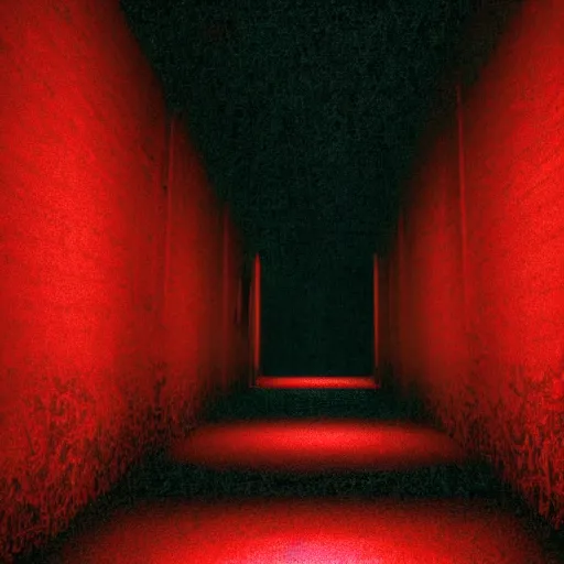 Image similar to photograph of an extremely dark narrow hallway with glowing humanoid monster made out of tv static, dark deep black shadows, red and black color contrast in the style of trevor henderson, liminal space, 3 d octane render, glitch effect