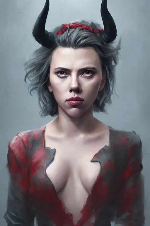 Image similar to a fancy portrait of a Scarlett Johansson with horns by Greg Rutkowski, Sung Choi, Mitchell Mohrhauser, Maciej Kuciara, Johnson Ting, Maxim Verehin, Peter Konig, final fantasy , mythical, 8k photorealistic, cinematic lighting, HD, high details, atmospheric,