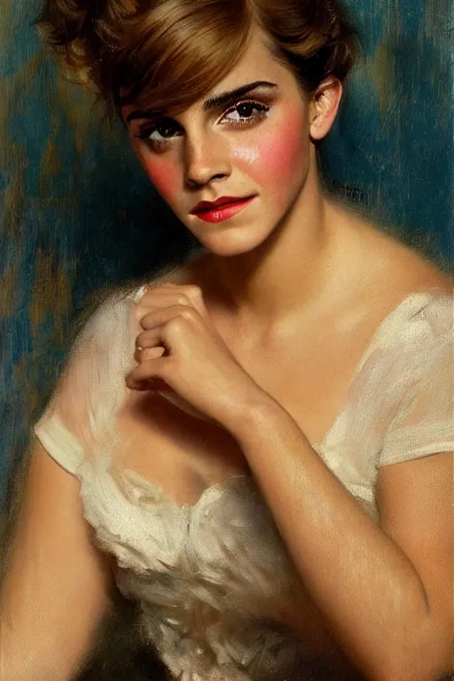 Image similar to detailed portrait of a beautiful emma watson 1 9 5 0 s hairstyle muscular, painting by gaston bussiere, craig mullins, j. c. leyendecker