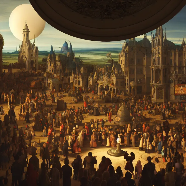 Prompt: crowd of medieval people surrounding UFO flying saucer, dream-like atmosphere, symmetrical baroque painting, perfect composition, beautiful detailed intricate insanely detailed octane render trending on Artstation, 8K artistic photography, photorealistic, soft natural volumetric cinematic perfect light, chiaroscuro, award-winning photograph, masterpiece, Raphael, Caravaggio, Greg Rutkowski, Beeple