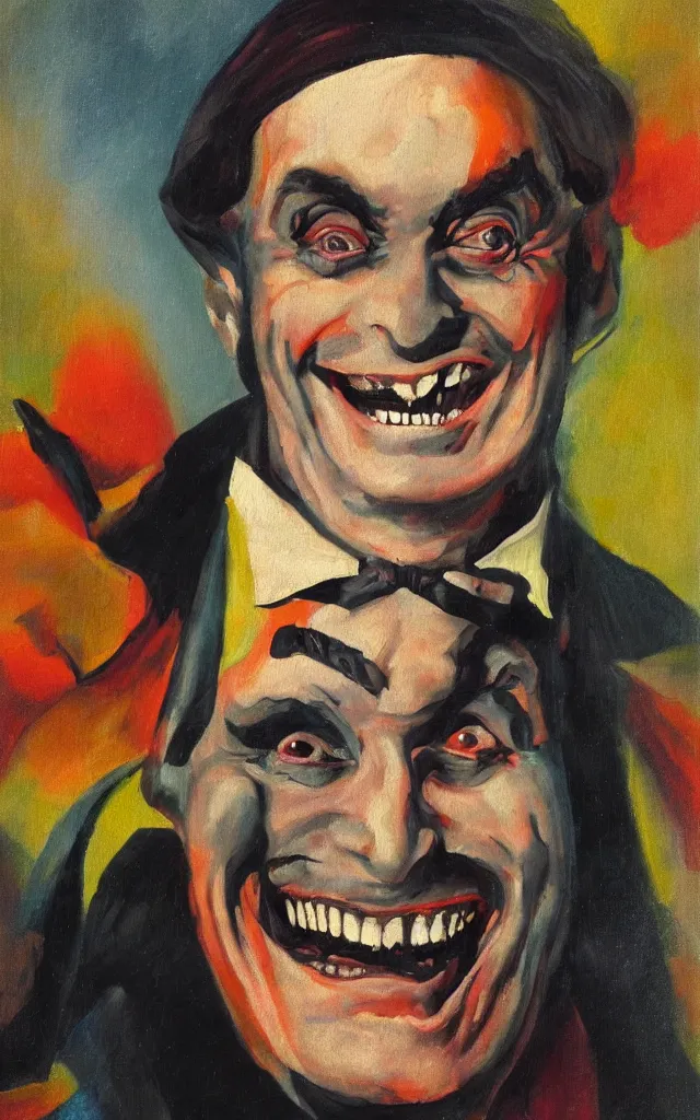 Image similar to portrait of conrad veidt the man who laughs wide grin, award winning oil painting, sharp color palette