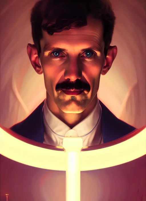 Image similar to symmetry!! portrait of nikola tesla male, chemisty, sci - fi, glowing lights!! intricate, elegant, highly detailed, digital painting, artstation, concept art, smooth, sharp focus, illustration, art by artgerm and greg rutkowski and alphonse mucha, 8 k