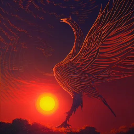 Image similar to the solarpunk phoenix, red bird, ornate egg, regeneration, landscape, epic composition, volumetric light, bokeh, painting by ilya kuvshinov and by makoto shinkai
