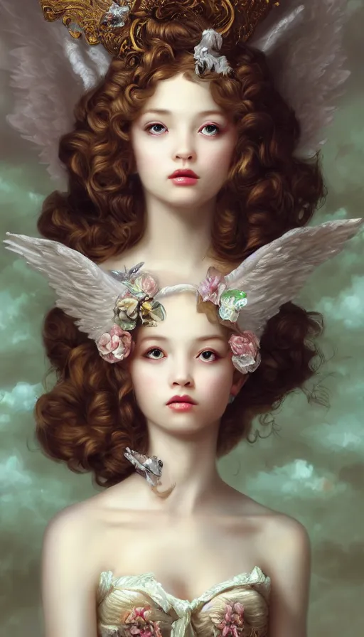 Prompt: pop surrealism, rococo, baroque hair, angelic young female seductive - fine - face, pretty face, key visual, realistic shaded perfect face, fine details by stanley artgerm lau, wlop, mark ryden, andrei riabovitchev, marc simonetti, and sakimichan, trending on artstation