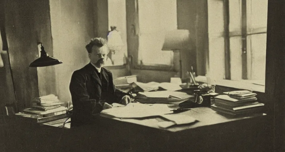 Image similar to august strindberg writing at a secretary desk in a small viennese apartment, night time, alone, lamplight, victorian era, depth of field