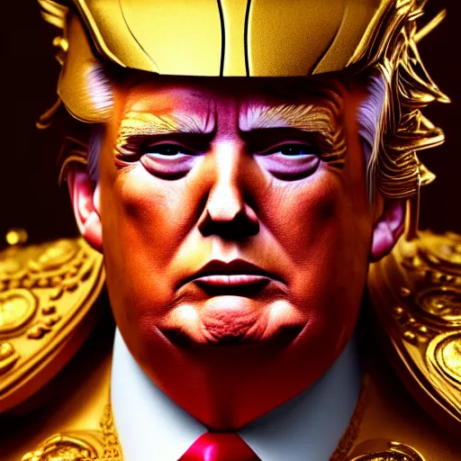 Prompt: Donald Trump as the god-emperor of mankind, he wears his golden armor, epic full shot, cinematic lighting, oil painting, award winning on Artstation, hyper detailed, hyper realistic, righteous wrath on his face, by Michelangelo