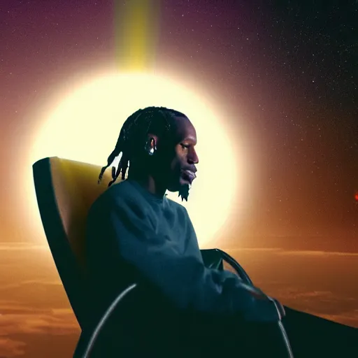 Prompt: Travis Scott sitting on a chair floating over Earth, 4k, Aubrey Powell, vintage photo, lens flare, beautiful cinematography, surreal, film grain