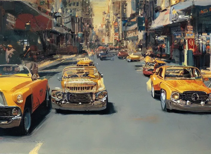 Image similar to hotrods driving down a street , vintage, high detail, 4K, by John Berkey