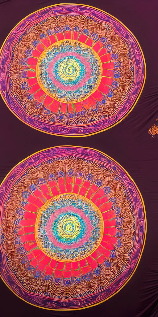 Prompt: a very intricate huge lotus mandala half painted on silk, shot by 5 0 mm f 2