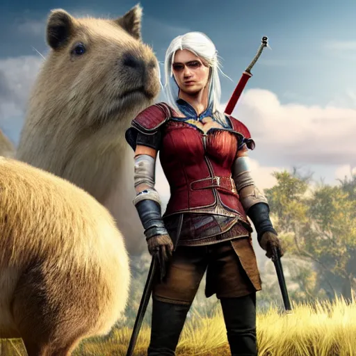 Image similar to ciri holdin a capybara, witcher 3 d render, video game art, octane render, 4 k