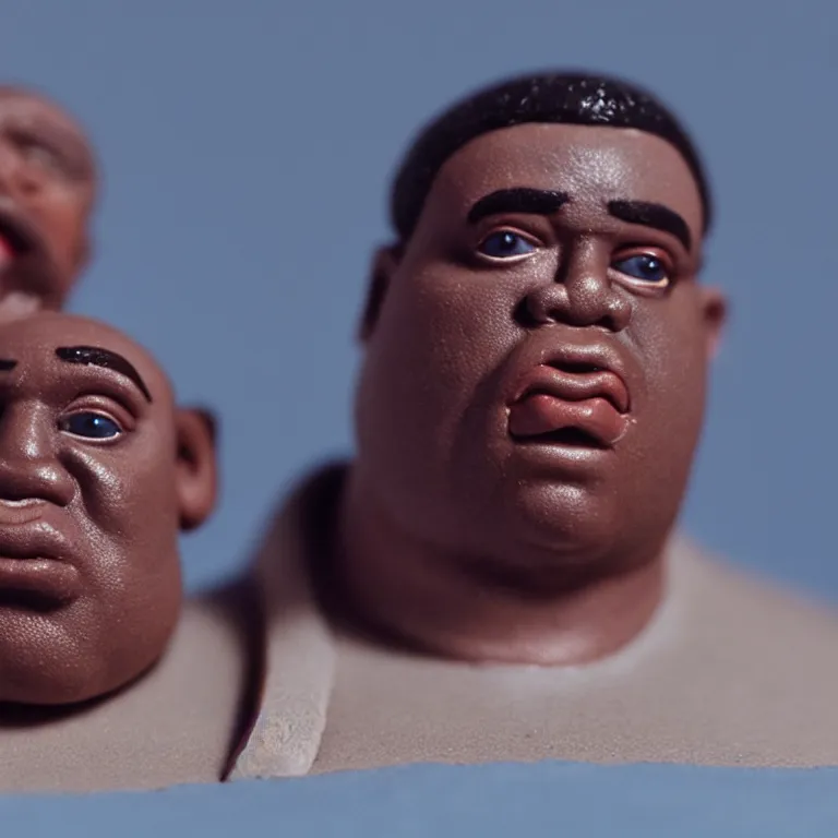 Image similar to a cinematic film still of a claymation stop motion film starring biggie smalls, shallow depth of field, 8 0 mm, f 1. 8