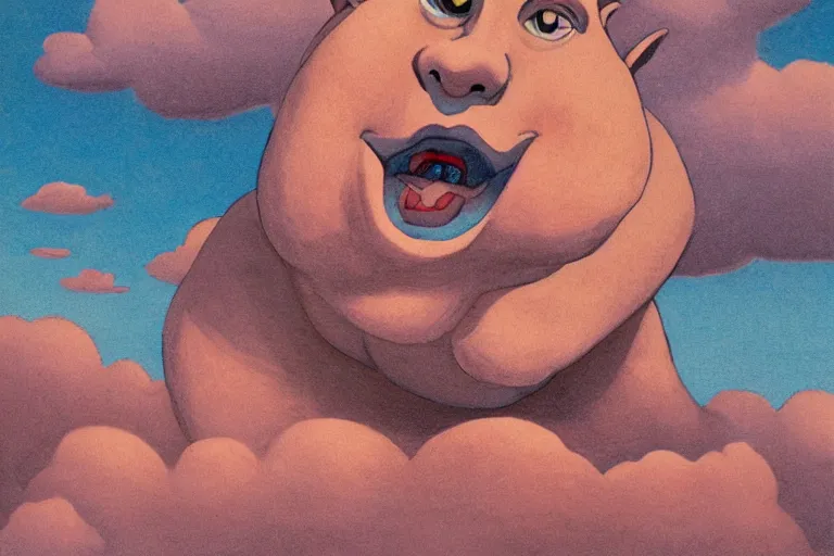 Prompt: giant ogre rating small clouds. Child book illustration