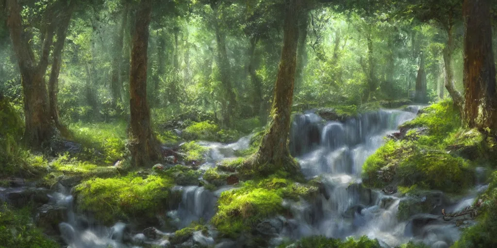 Image similar to a secret glade with waterfall, cinematic lighting, detailed oil painting, hyperrealistic, 8k