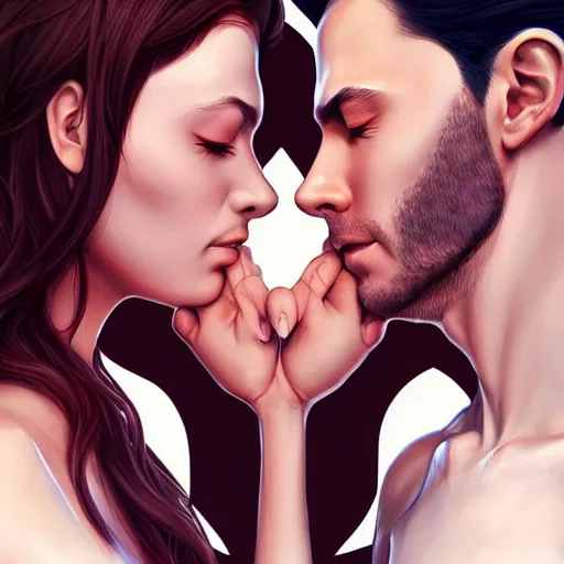 Image similar to perfectly centered symmetrical split male and female portrait of man and woman in love sharing one heart ; art by artgerm, photorealistic, highly detailed ; trending on artstation