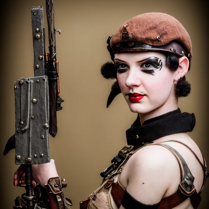 Prompt: photograph of a real - life very beautiful slim dieselpunk warrior. extremely detailed. dslr. 8 5 mm.