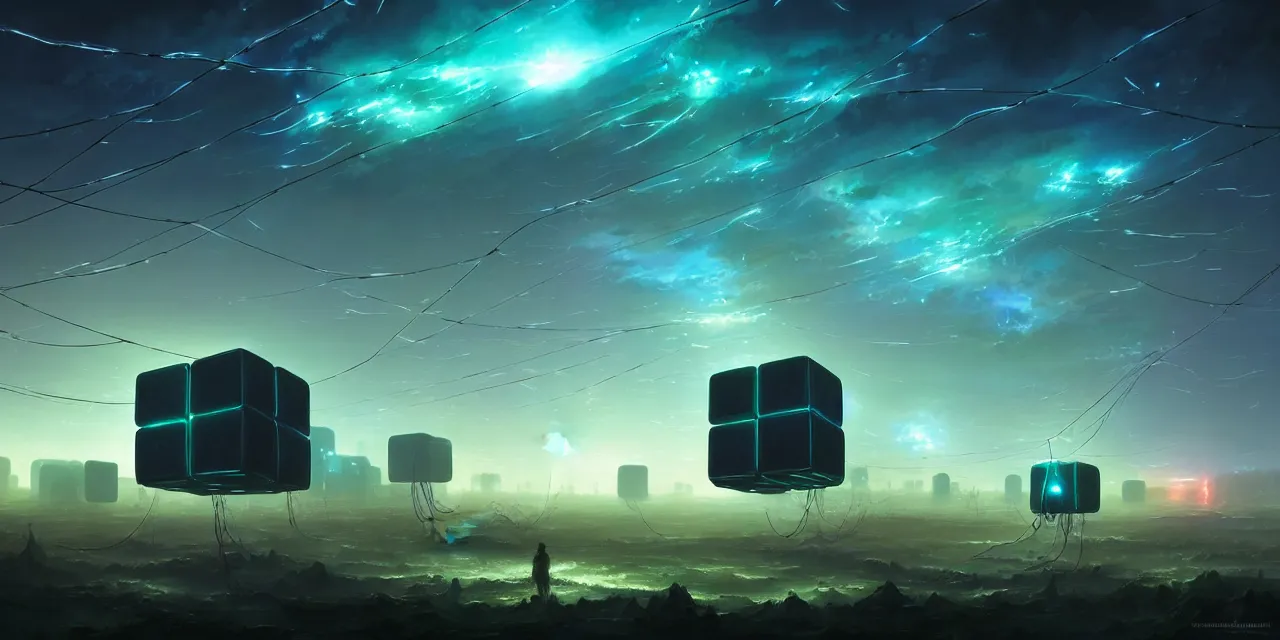 Image similar to a fleet of giant glowing futuristic cubes tied to each other with lots of wires in the sky, thick messy wires, a fantasy magical landscape seen in the distance, atmospheric lighting, intricate, volumetric lighting, beautiful, sharp focus, ultra detailed, in the art style of marc simonetti, bowater charlie and brom gerald, astrophotography