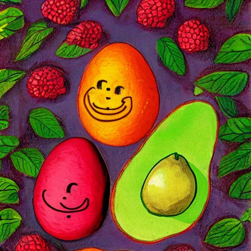 Image similar to a smiling avocado and a happy raspberry hugging, watching the world burn with fire, done in the style of old botanical illustrations, matisse, caravaggio, basquiat, japanese art, 4 k