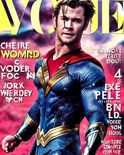 Image similar to chris hemsworth as wonderwoman, vogue cover photo