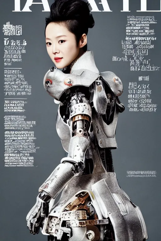 Prompt: a professional fashion magazine photo of Zhang Ziyi wearing a mecha armor suit