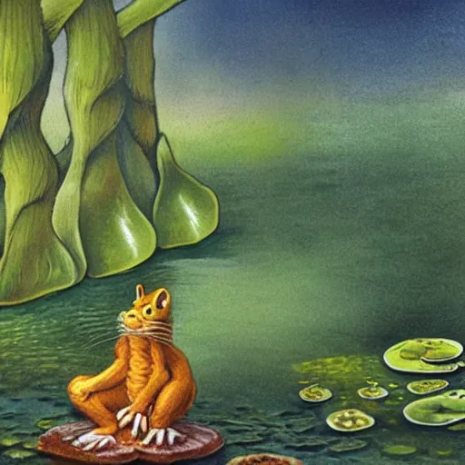 Image similar to garfield by h. p. lovecraft natural, ordered. print. a young girl is sitting on the edge of a pond, with her feet in the water. she is looking at a frog that is sitting on a lily pad in the pond.