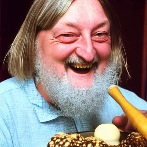 Image similar to robert wyatt smiling with open mouth, staring at his bowl of amanita mushrooms