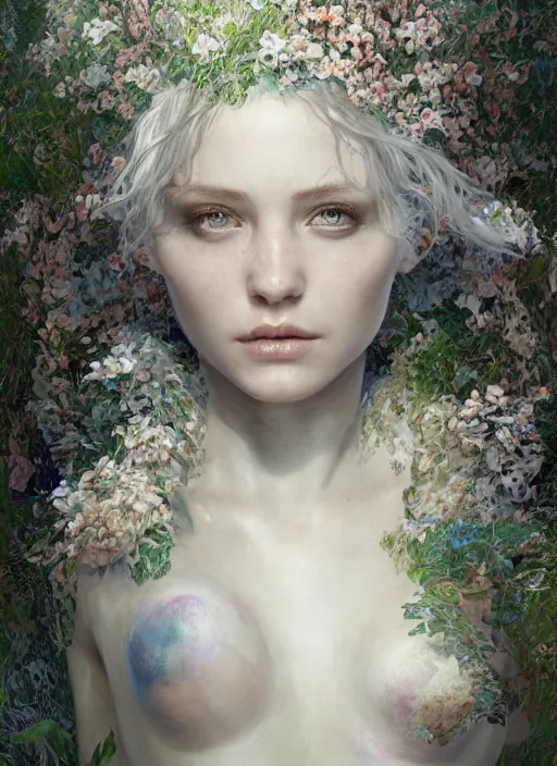 Image similar to dryad, pure white, naturel, hyper detailed, digital art, trending in artstation, cinematic lighting, studio quality, smooth render, unreal engine 5 rendered, octane rendered, art style by klimt and nixeu and ian sprigger and wlop and krenz cushart