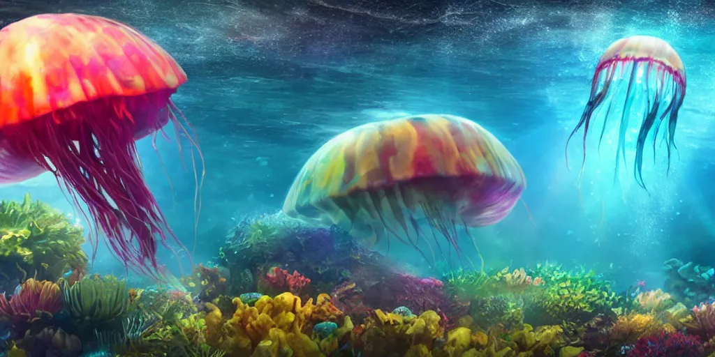 Prompt: underwater enviroment with a giant Rainbow Jellyfish.boss creature , unreal 5, hyperrealistic, realistic, photorealistic, dynamic lighting, highly detailed, cinematic landscape, studio landscape, studio lighting