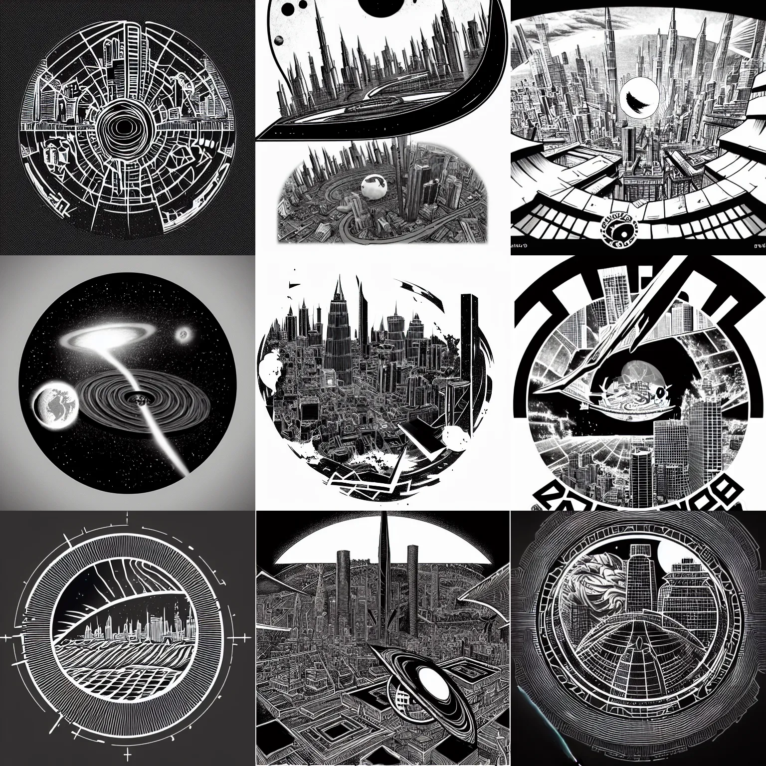 Prompt: tattoo png logo of black hole rising above city, city destroyed by shockwave, black hole with accretion disс, digital art, vector logo, sticker, black and white, pencil and ink drawing, art by, ralph mcquarrie, greg rutkowski