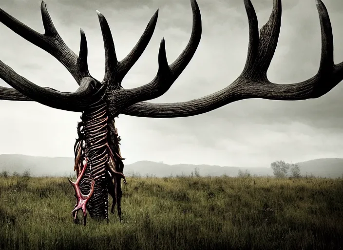 Prompt: photograph of a horrifying nature monster made of animal parts, tree parts, bones, antlers and an extremely long neck, in a meadow, dramatic lighting, full frame photography