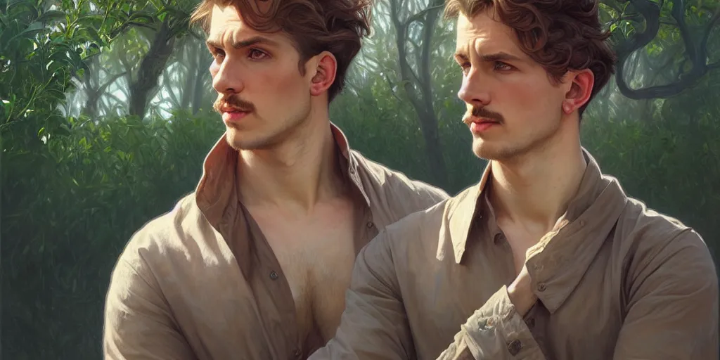 Image similar to caucasian man in park, male, clear face, masculine, upper body, fantasy, intricate, elegant, highly detailed, digital painting, artstation, concept art, matte, sharp focus, illustration, art by artgerm and greg rutkowski and alphonse mucha