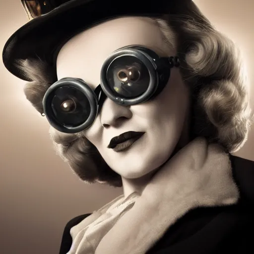 Image similar to portrait still of a young marlene dietrich wearing steampunk goggles, photorealistic, 4 k, octane render, by wayne barlow, alphonse michael,