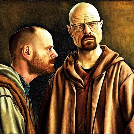 Prompt: walter white and jesse pinkman, renaissance painting, highly detailed