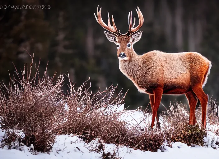 Prompt: photograph of red deer on a mountain, winter, wildlife photography, award winning, canon, soft lighting, sony, nikon, 4 k, hd