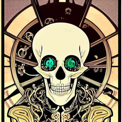 Image similar to anime manga skull portrait boys male cyborg face skeleton illustration style by Alphonse Mucha and Takashi Murakami pop art nouveau