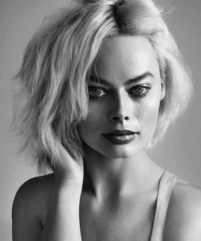 Image similar to a color photograph of margot robbie, by carrie mae weems, platinum blond, intense, bold, exaggerated, ultra sharp, extra details, ultra high quality, trending on pinteresst