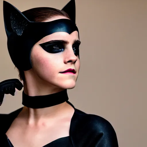 Image similar to Emma Watson as Catwoman, Sony A7R III, 1/2000sec at f/5.6, ISO 1600, 90mm, 8K, RAW, symmetrical balance, Dolby Vision, Aperture Priority