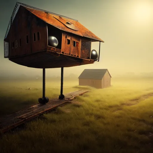 Prompt: a walking wood and metal house with two mechanical legs and two eyes, rust, hyperrealistic, highly detailed, cinematic, single ray of sun, morning, fog, city in background, beautiful, cgssociety, artstation, 8 k, oil painting, digital art