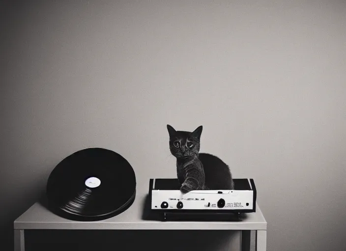 Prompt: photography of a Cat sitting on a record player. in a room full of posters, photorealistic, raining award winning photo, 100mm, sharp, high res